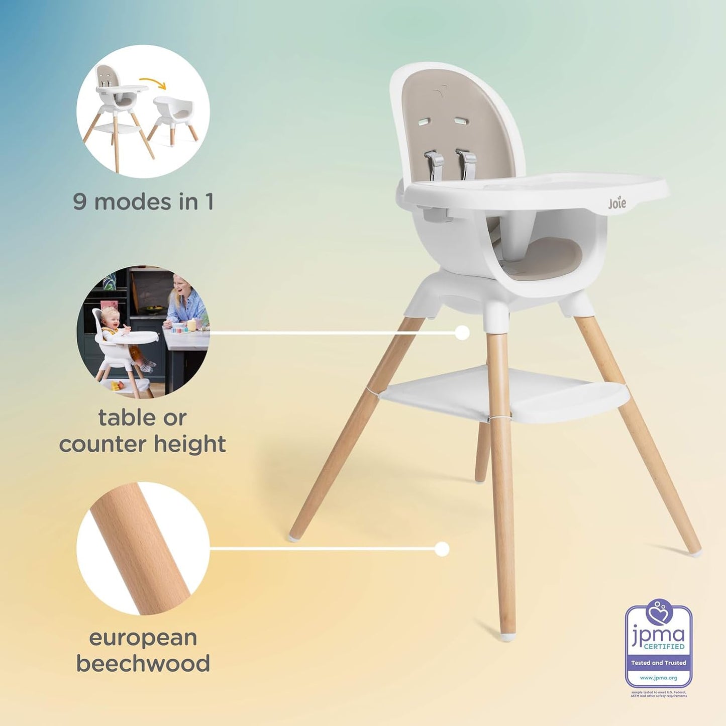 Joie Chai Multi-Mode Highchair - European Beech Wood, Convertible, 9+ Modes, Birth up to 60 lb.