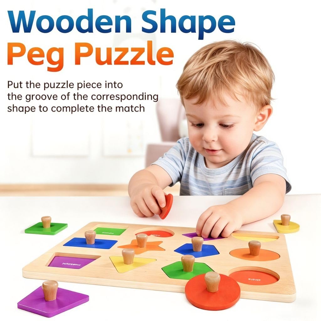 Wooden Shape Peg Puzzles for Toddlers 1 2 3 Year Old Boys Girls Gifts: Shape Sorter & Color Match