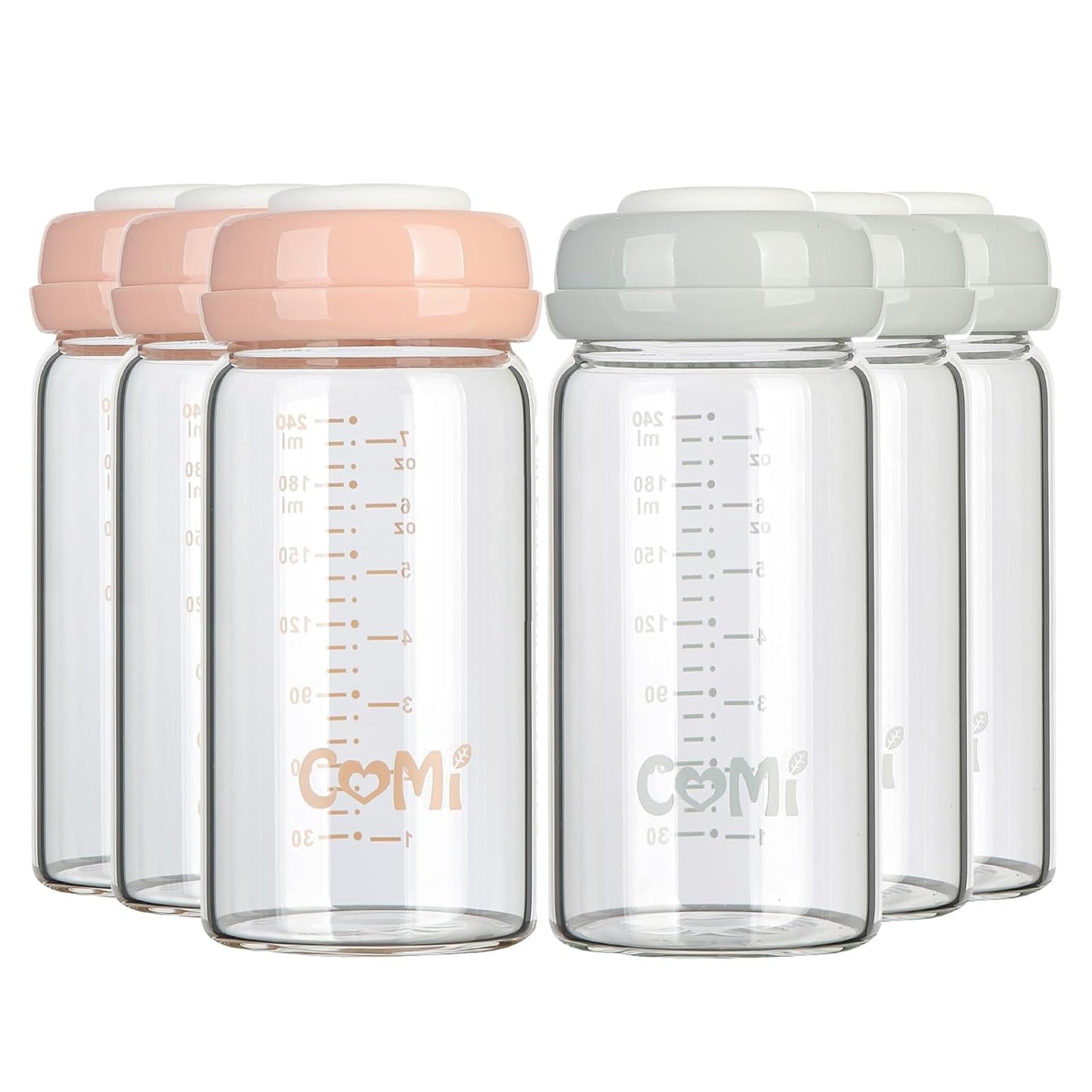 COMI Wide Neck Glass Breastmilk Collection n Storage Bottle, 6 Packs, 8oz with Screw Ring Sealing