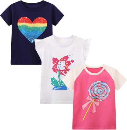 HILEELANG Girls' Tees Ruffle Short Sleeve T-Shirt Cotton Casual Graphic Summer Crewneck Tunic Tops