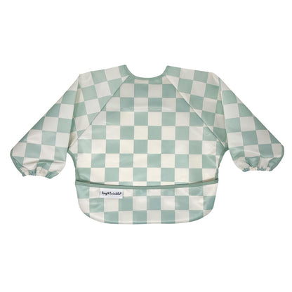 Tiny Twinkle Mess Proof Baby Bib,Waterproof Smock Baby Bib for Eating,Machine Washable Long Sleeve Bib,Baby Led Weaning,Toddler Bib (Checkers Sage, Large 2-4 Years)