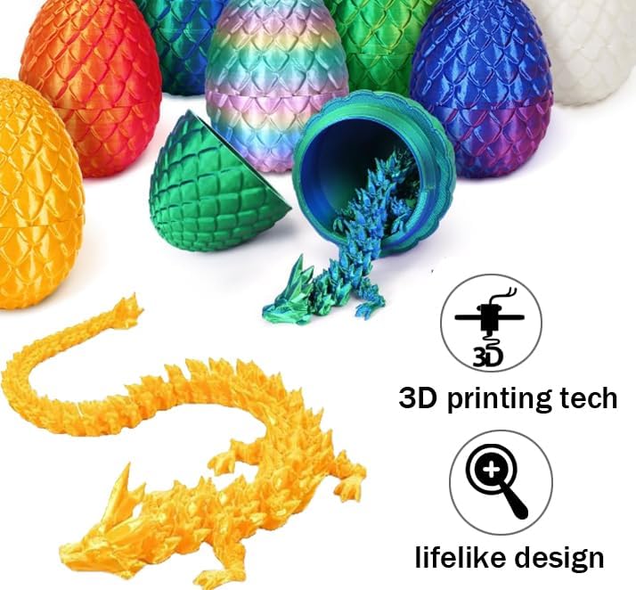 Cessfle 3D Printed Dragon in Egg, Crystal Dragon Eggs with Dragon Inside, Full Articulated Dragon Eggs 3D Dragon Toys, Mystery Dragon Egg for House of Dragon, 3D Printed Animals Fidget Toys