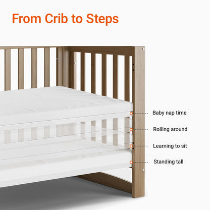EvoNest Baby Crib, 11 in 1 Convertible Mini Crib with Wheels, 100% New Zealand Wood Growing Bed, 4 Adjustable Mattress Height ，Walnut Brown
