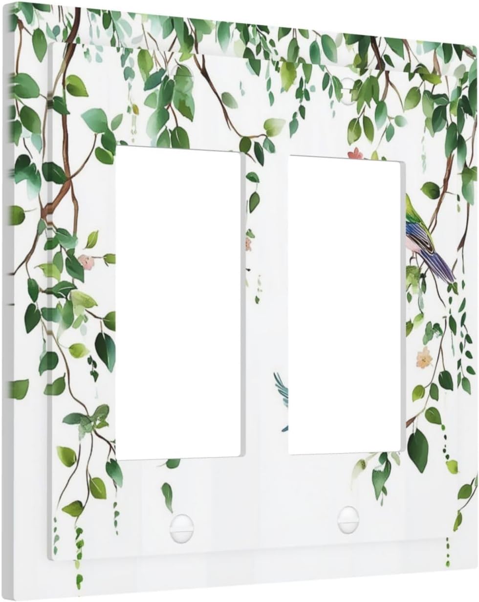 Decorative Outlet Covers Green Leaves Bird Eucalyptus Sage Plant 2 Gang Double Gfci Rocker Electrical Wall Panels Light Switch Cover Plate For Bed Room Living Room Decor