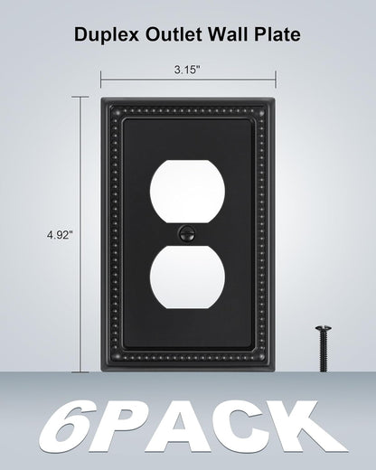 6-Pack Duplex Outlet Cover, Black Metal Wall Plates for Electrical Outlets, 1 Gang Receptacle Light