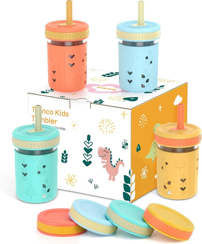 Tronco 8 oz Glass Sippy Cup for Toddlers, Kids Mason Jar Smoothie Cup with Silicone Sleeves & Spill