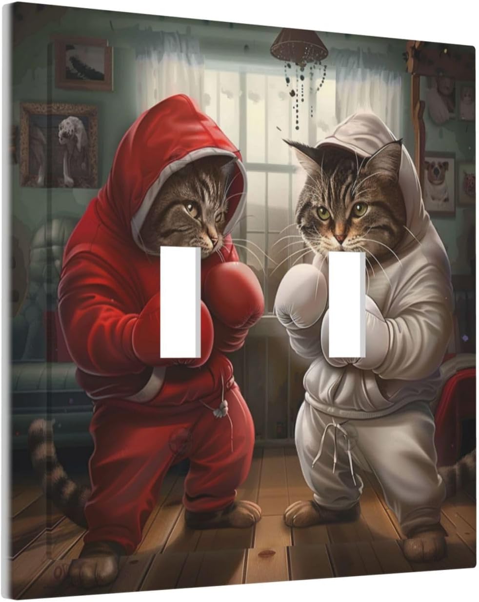 Decorative Switch Covers Plate Funny Red Boxing Cats White Tomcat 2 Gang Wall Plate Unique Double Toggle Light Switch Plate Wall Cover Plate Faceplate for Bedroom Home Decor
