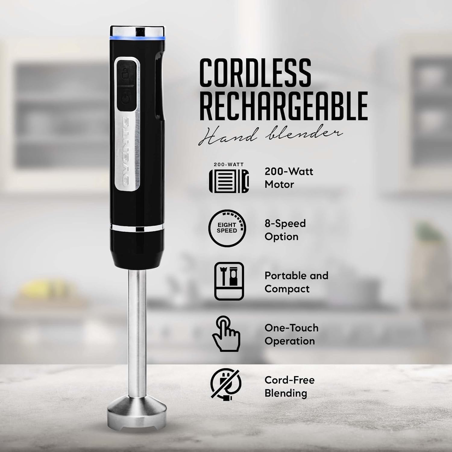 OVENTE Cordless Immersion Hand Blender, Rechargeable Handheld Portable Stick Mixer with 8 Mixing