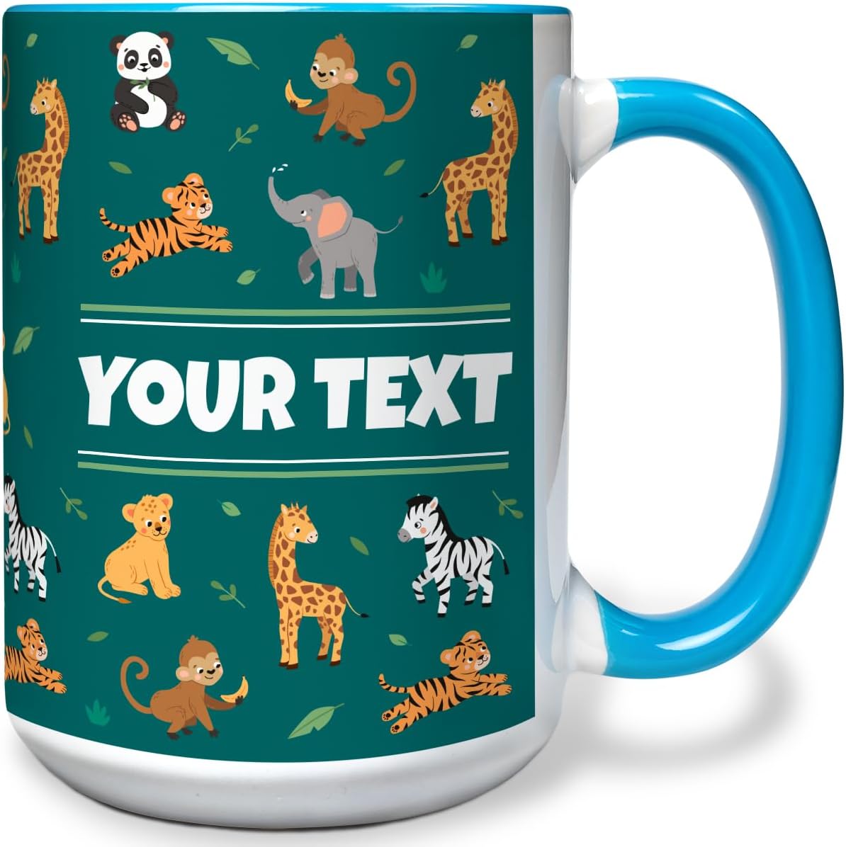 Personalized Mug for Kids - Zoo Animals - Custom Name/Text, Ceramic Hot Chocolate/Cocoa/Coffee Cup for Boys/Girls, Birthday/Christmas/Holiday Gift - 15 oz, Light Blue Handle