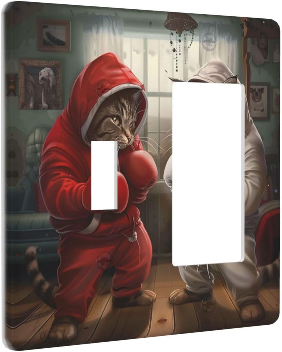 Decorative Outlet Covers Funny Red Boxing Cats White Tomcat 2 Gang 1 Gang Wall Plate Cover Single Toggle Rocker Combo Light Switch Cover Plate Face Plate for Bedroom Home Decor