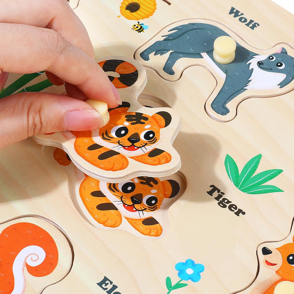 GRINNNIE Wooden Puzzles for Toddlers 3 4 5 Years Old, Montessori Toddler Toys 5PCS Peg Puzzles with