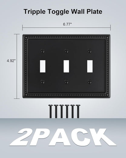 2-Pack Triple Toggle Light Switch Cover Plate, Pearls Decorative Switch Plate Covers, Black 3 Gang Metal Wall Plate, Corrosion Resistant
