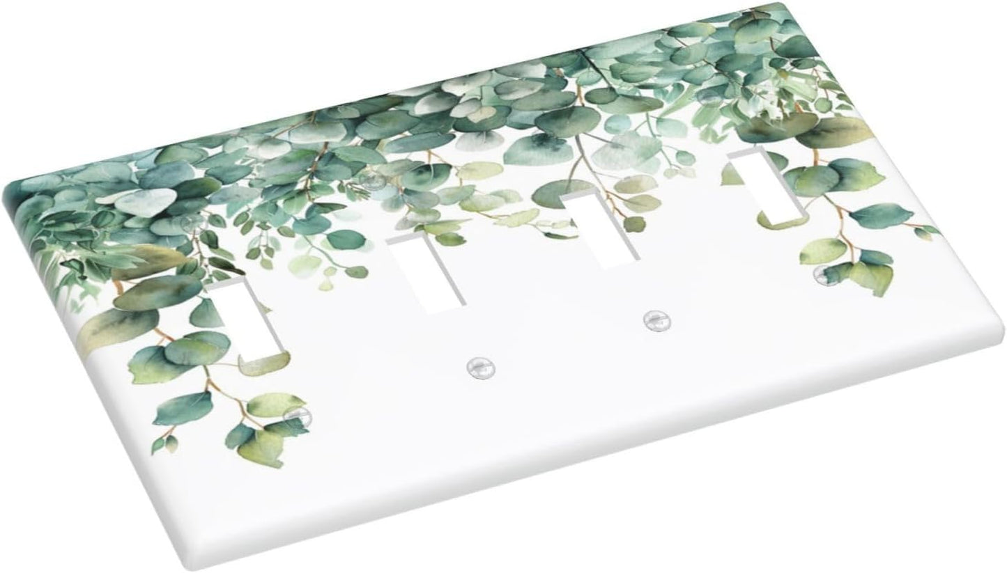 Decorative Switch Covers Plate Rustic Green Eucalyptus Leaves 4 Gang Artistic Wall Plate Unique Quad Toggle Light Switch Plate Jumbo Faceplate for Country Bedroom Kitchen Home Decor