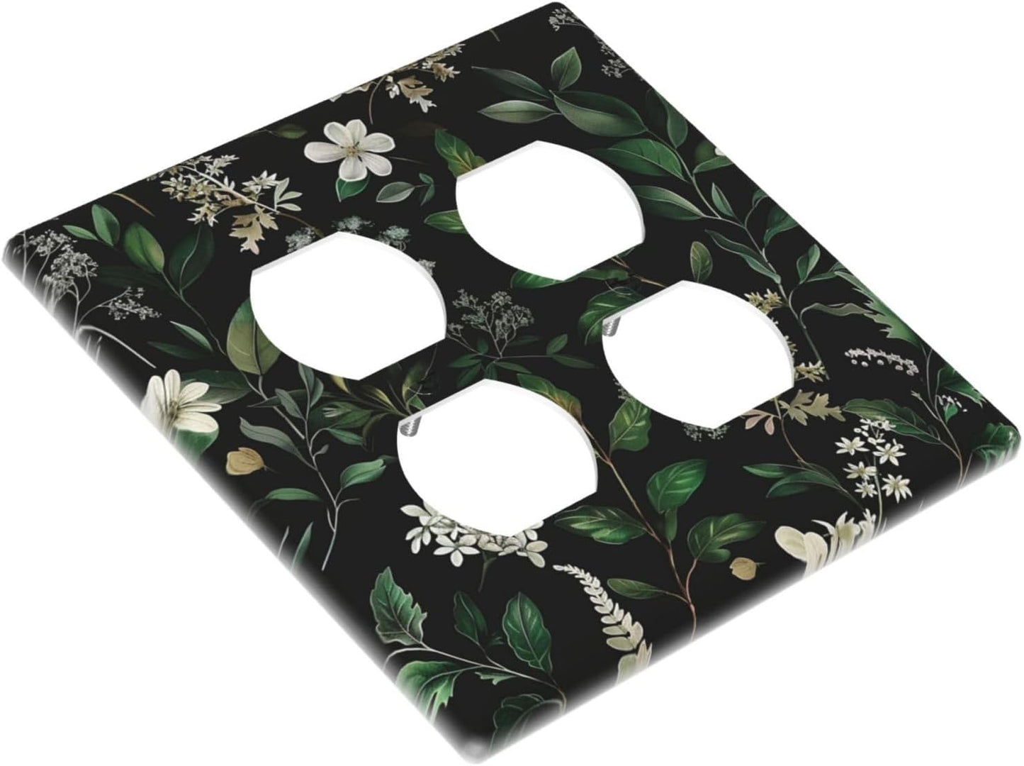 Decorative Outlet Covers Rustic Green Leaves White Flower 2 Gang Wall Plate Cover Double Duplex Receptacle Two Switch Light Switch Cover Plate Jumbo Dual Faceplate for Home Decor
