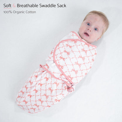 LollyBanks Baby Swaddles 100% Organic Cotton, 0-3 Months Baby Girl Swaddles with Easy Change Zipper, Swaddle Sack for Newborn Girls (Pink Bow Print)