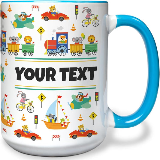 Personalized Mug for Kids - Vehicles - Custom Name/Text, Ceramic Hot Chocolate/Cocoa/Coffee Cup for Boys, Birthday/Christmas/Holiday Gift - 15 oz, Light Blue Handle