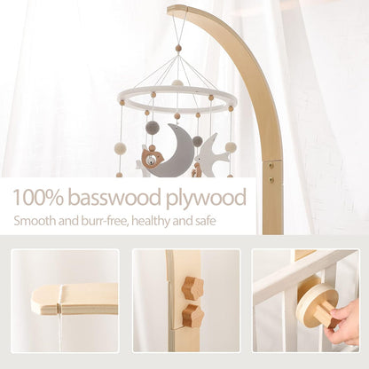 Baby Crib Mobile Arm - Wooden Baby Mobile Crib Holder for Hanging Baby Crib Attachment for Nursery Decor (Curved Structural Arm)