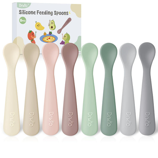 DRKIO 8 Pcs Silicone Baby Spoons Infant Utensils for First Stage Feeding