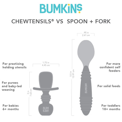Bumkins Baby Utensils Set, Chewtensils Silicone Spoons for Dipping, Self-Feeding, Baby Led Weaning, Trainer Learning, First Stage Eating, Soft Practice Fork and Spoon, Babies 6 Months, Clay
