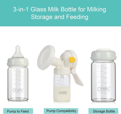 COMI Wide Neck Glass Breastmilk Collection n Storage Bottle, 4 Packs, 6oz with Screw Ring Sealing