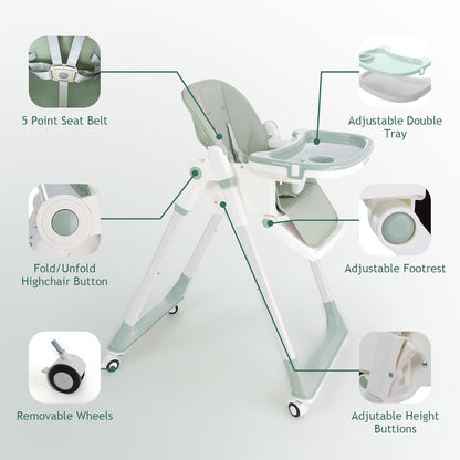 3 in 1 Baby High Chair with Wheels, Adjustable 5 Point Harness, Tray, Foot Rest, Backrest and Seat