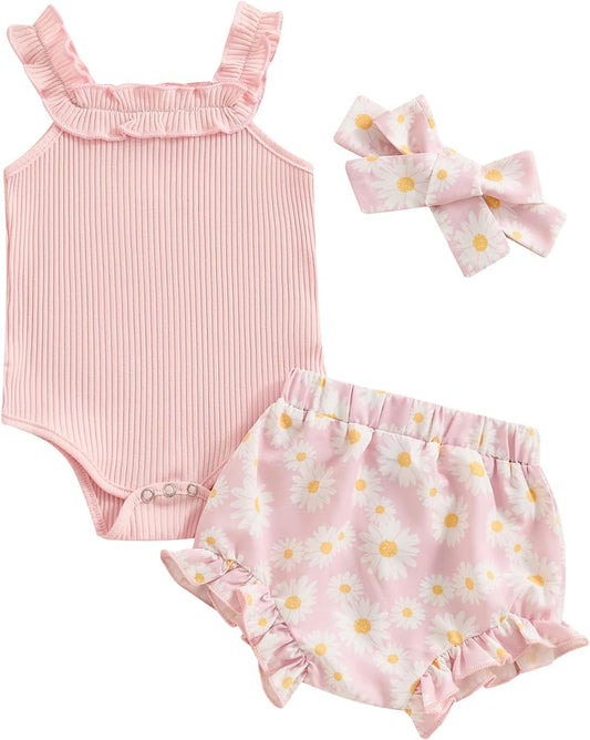 fhutpw Baby Girl Clothes Summer Cute Outfits 3 6 12 18 Months Spaghetti Strap Romper & Floarl Shorts Sets