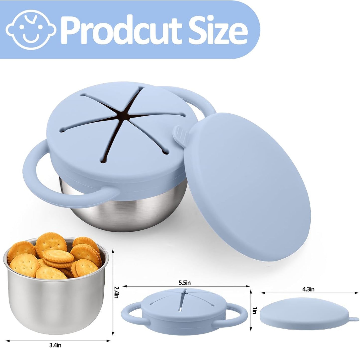 BUSOHA 2 Pack Stainless Steel Toddler Snack Cups - 9 OZ Spill-Proof Baby Snack Containers with