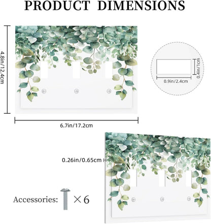 Decorative Switch Covers Plate Rustic Green Eucalyptus Leaves 3 Gang Artistic Wall Plate Unique Triple Toggle Light Switch Plate Jumbo Faceplate for Country Bedroom Kitchen Home Decor