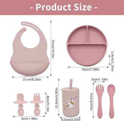 Silicone Baby Feeding Set, Baby Led Weaning Supplies, Baby Spoons Suction Divided Plate Bib Cup, First Stage Solid Food Eating Utensils - 6+ Months(Pink-Red)