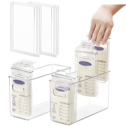 Breastmilk Storage Container with 4 Freezer Flattener Kit to Flatten Standing Breast Milk Bags in