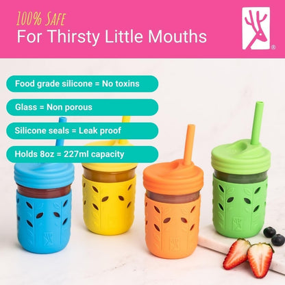 Elk and Friends Kids & Toddler Cups | The Original Glass Mason jars 8 oz with Silicone Sleeves &