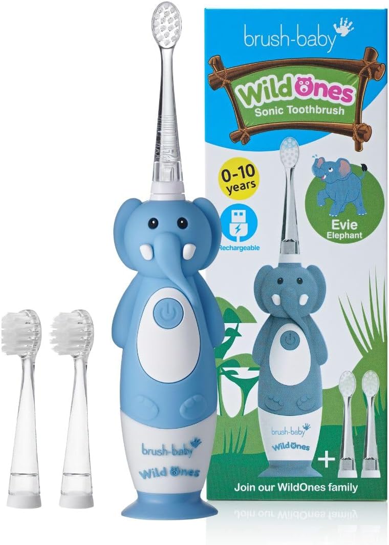 brush-baby WildOnes Kids Electric Rechargeable Toothbrush Elephant, 1 Handle, 3 Brush Heads, USB