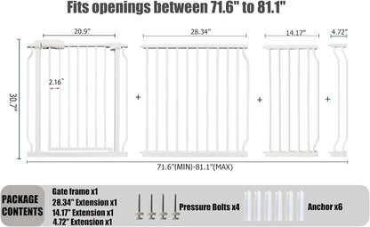 Heavy Duty Baby & Dog Safety Gate - Extra Wide 76.4-81.1 Inch, White Metal, Tension Mounted No Drilling Pet Gate for Stairs & Doorways, 30 Inch Tall