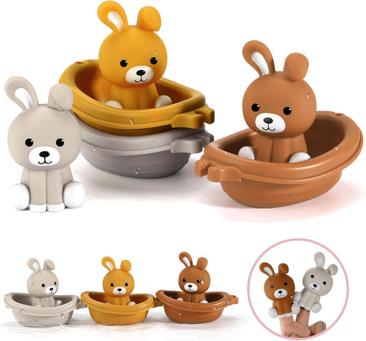 Nueplay Bathtub Toys for Toddlers 18M+，Baby Bath Toys with Animal Finger Puppets，Stackable Boat