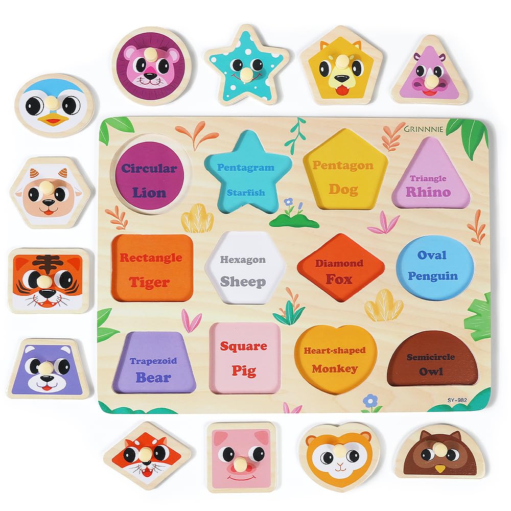 GRINNNIE Wooden Puzzles for Toddlers 3 4 5 Years Old, Montessori Toddler Toys 5PCS Peg Puzzles with
