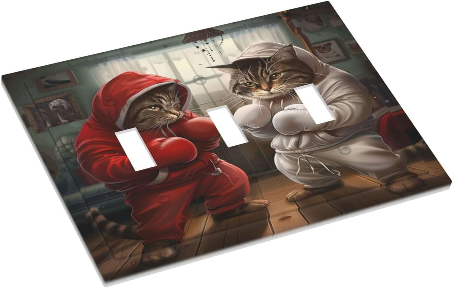 Decorative Switch Covers Plate Funny Red Boxing Cats White Tomcat 3 Gang Artistic Wall Plate Unique Triple Toggle Light Switch Plate Jumbo Faceplate for Bedroom Home Decor