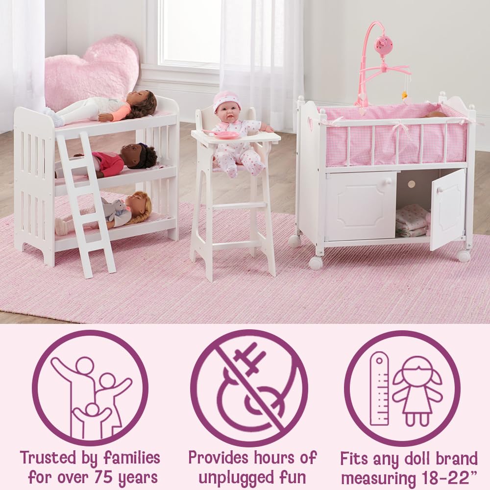 Badger Basket Wooden Baby Doll High Chair with Tray & Bib - White/Pink