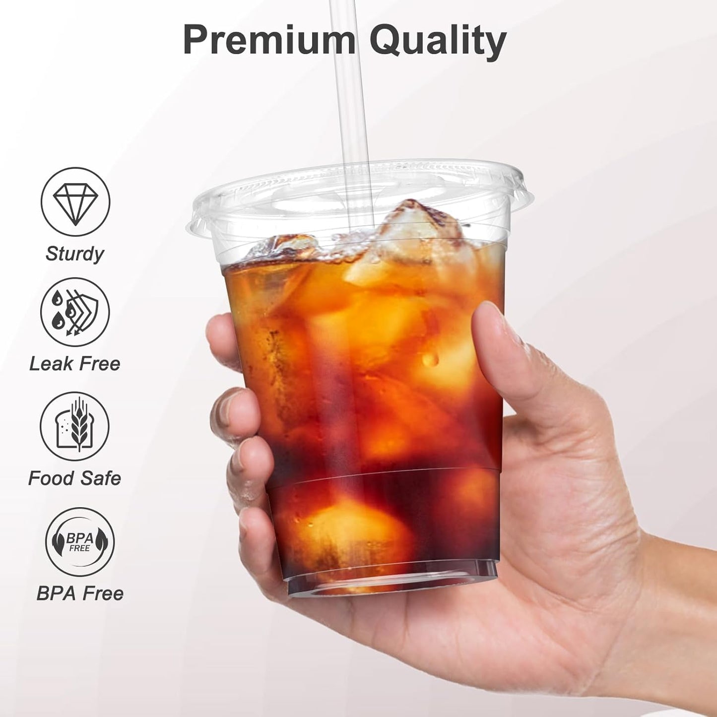 100 Pack - 16 oz Clear Plastic Cups with Lids and Straws, Sturdy & Food Safe Iced Coffee Cups with lids, Disposable Plastic Smoothie Cups for Cold Drinks