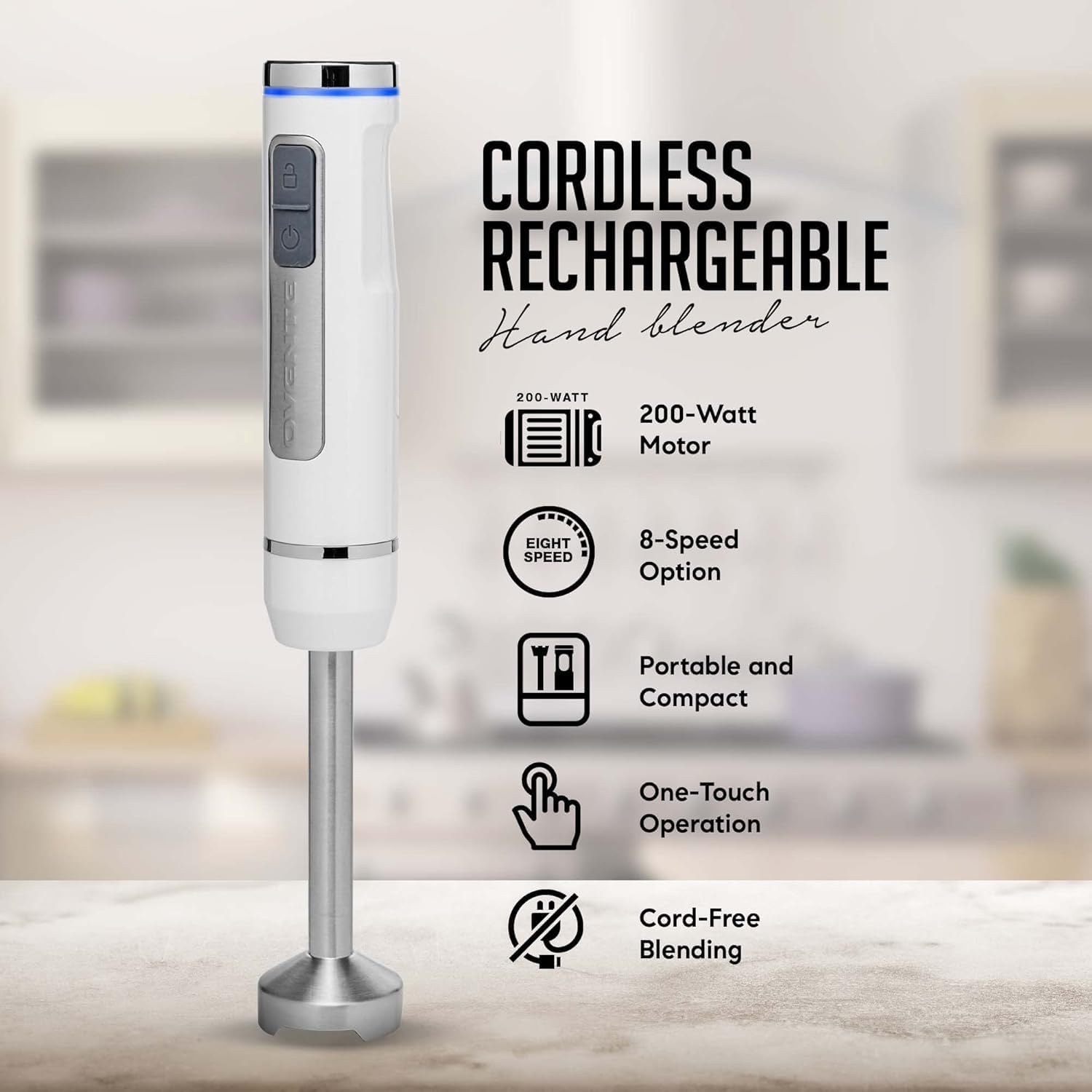OVENTE Cordless Immersion Hand Blender, Rechargeable Handheld Portable Stick Mixer with 8 Mixing