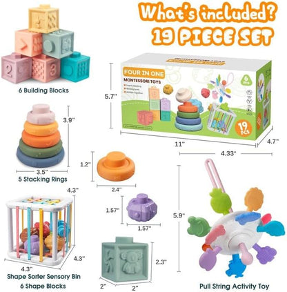 4-in-1 Baby Toys for 6-12 Months, Montessori Soft Stacking Blocks for Babies, Infants Teething Toys, Sensory Balls and Educational Learning Set for Toddlers (Boys & Girls)