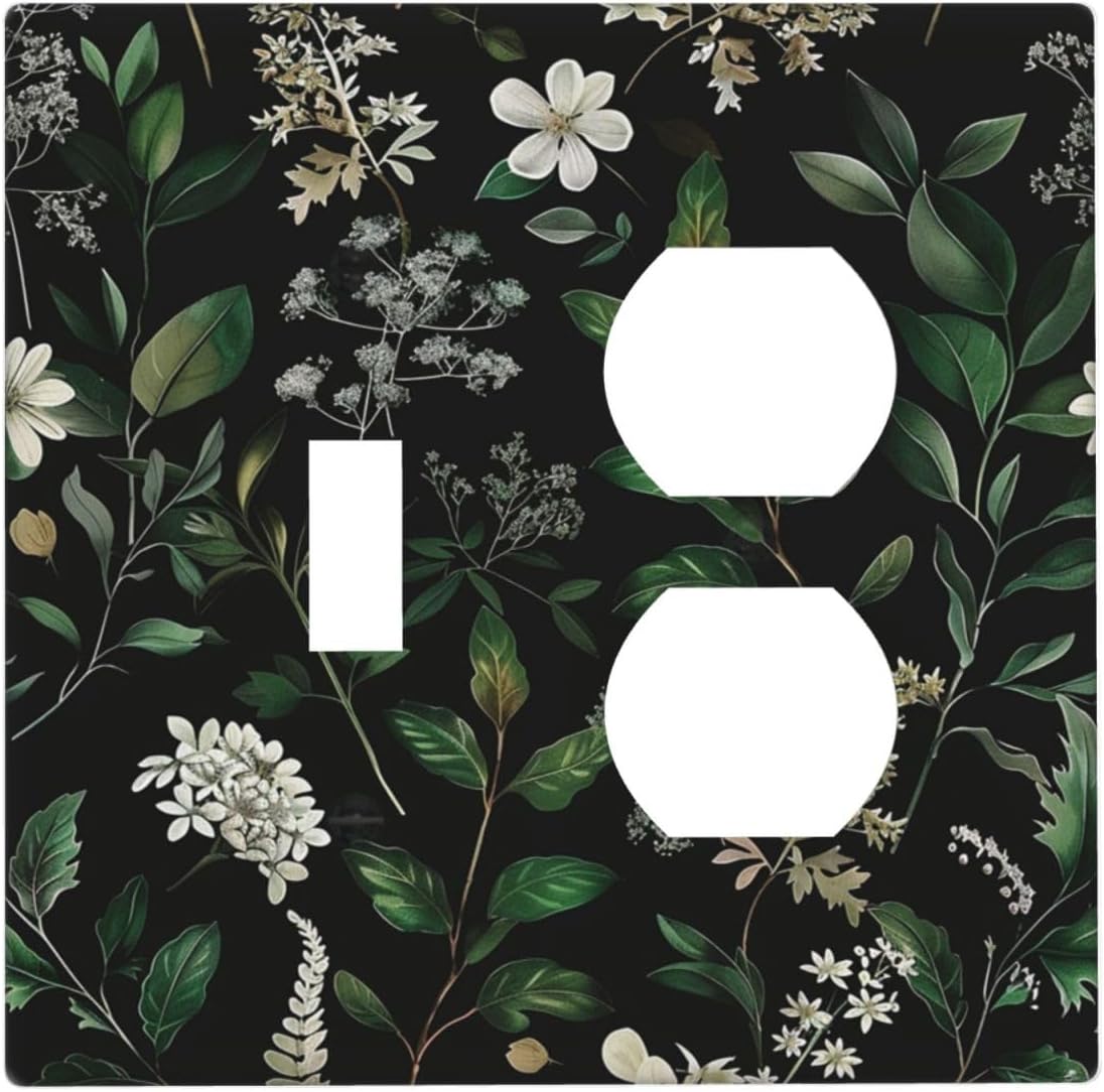 Decorative Outlet Covers Rustic Green Leaves White Flower 2 Gang Wall Plate Cover Single Toggle Duplex Combo Two Switch Light Switch Cover Plate Jumbo GFCI Faceplate for Home Decor