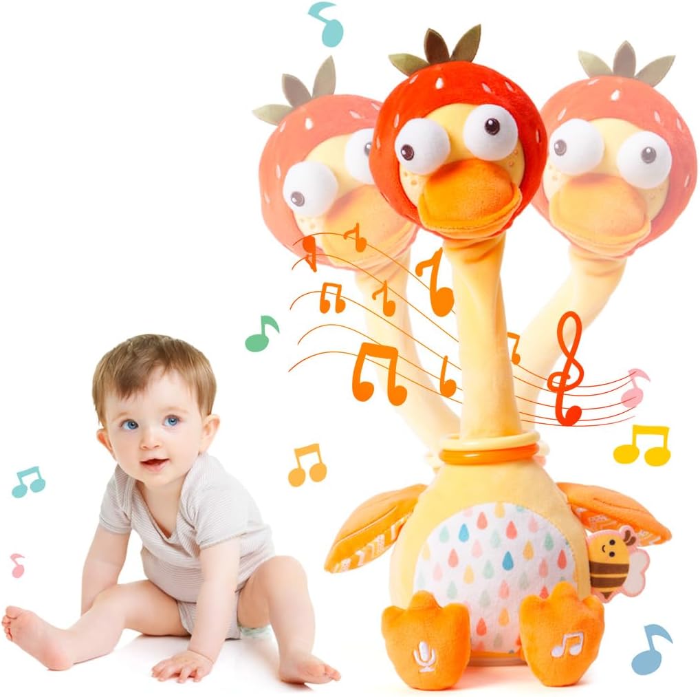 Jollybaby Plush Talking Singing Dancing Musical Strawberry Duck Toy for Toddlers 1-3 Just Like Cactus Toy, Music Mimicking Interactive Toys for Crawling Kids, Sensory Gift for Baby 0-6-12 Month