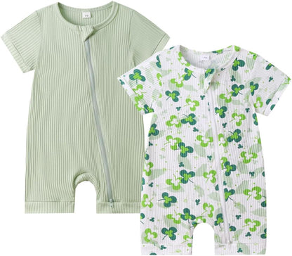 Bafeicao Unisex Baby Boy Girl 2 Pack Rompers Short Sleeve 2 Way Zipper One Piece Jumpsuits Clothes Sets