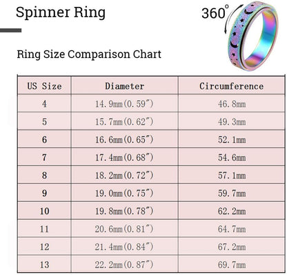OreilleStar Anxiety Ring for Women Spinner Ring Fidget Ring Fidget Toys Adults Spinner Rings Stainless Steel Silver Rainbow Size 8 Moon Star Band