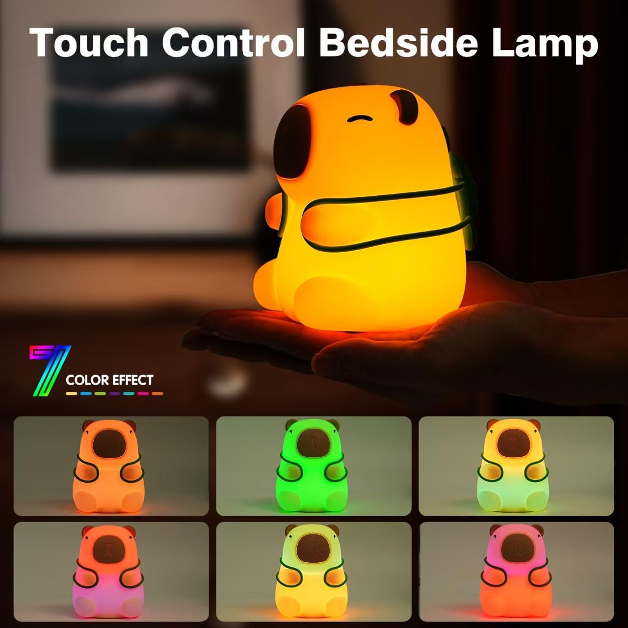 Capybara Night Light for Kids,Cute Squishy Silicone Nursery Nightlight Kawaii Animal Bedside Lamp with 7 Colors 3 Levels Dimmable Tap Control Rechargeable Animal Toddler Nightlights for Kids