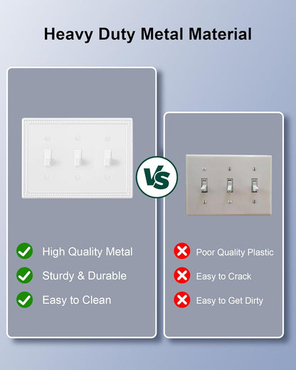 2-Pack Triple Toggle Light Switch Cover Plate, Pearls Decorative Switch Plate Covers, Pure White 3 Gang Metal Wall Plate, Corrosion Resistant
