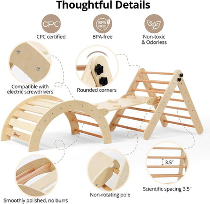 Pikler Triangle Set with Cushion, 8-in-1 Toddler Climbing Toys Indoor, Wooden Montessori Climbing Set with Arch Ramp,Ladder&Tent Cloth, Baby Indoor Climber Jungle Gyms for Toddlers Toy, Natural