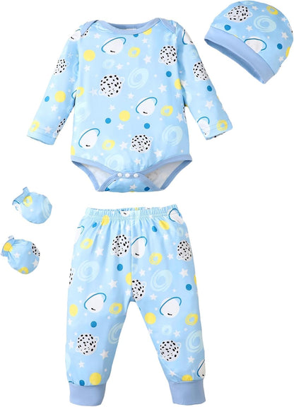 NZRVAWS Newborn Baby Boy Girl Clothes Unisex Infant Romper Pants Set Hat 4-Pack Outfits 0-12 Months 16 Pieces Toddler