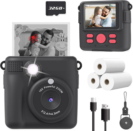 Kids Camera Instant Print, Christmas Birthday Gifts for Kids Age 3-12, Selfie Digital Camera with 1080P Videos,Toddler Portable Travel Cameras Toy for 4 5 6 7 8 9 Year Old Boys Black