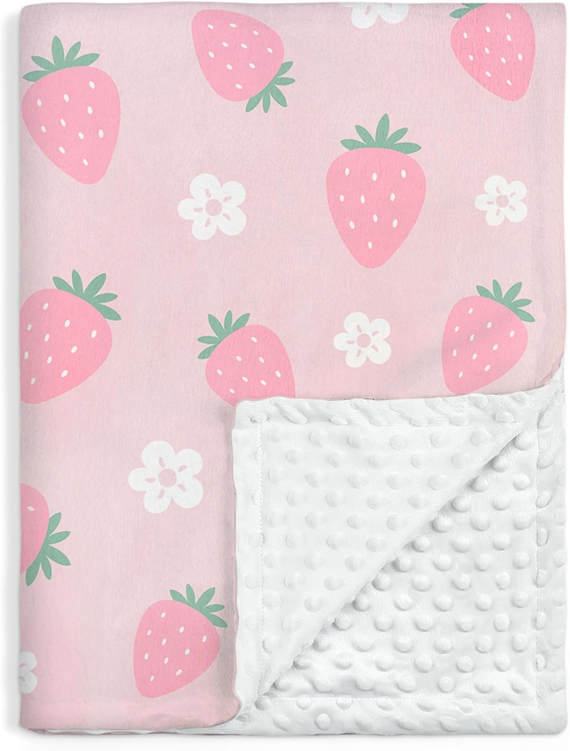 Strawberry Minky Baby Blanket 30 x 40 Inches for Girls, Soft Plush Receiving Blanket with Dotted
